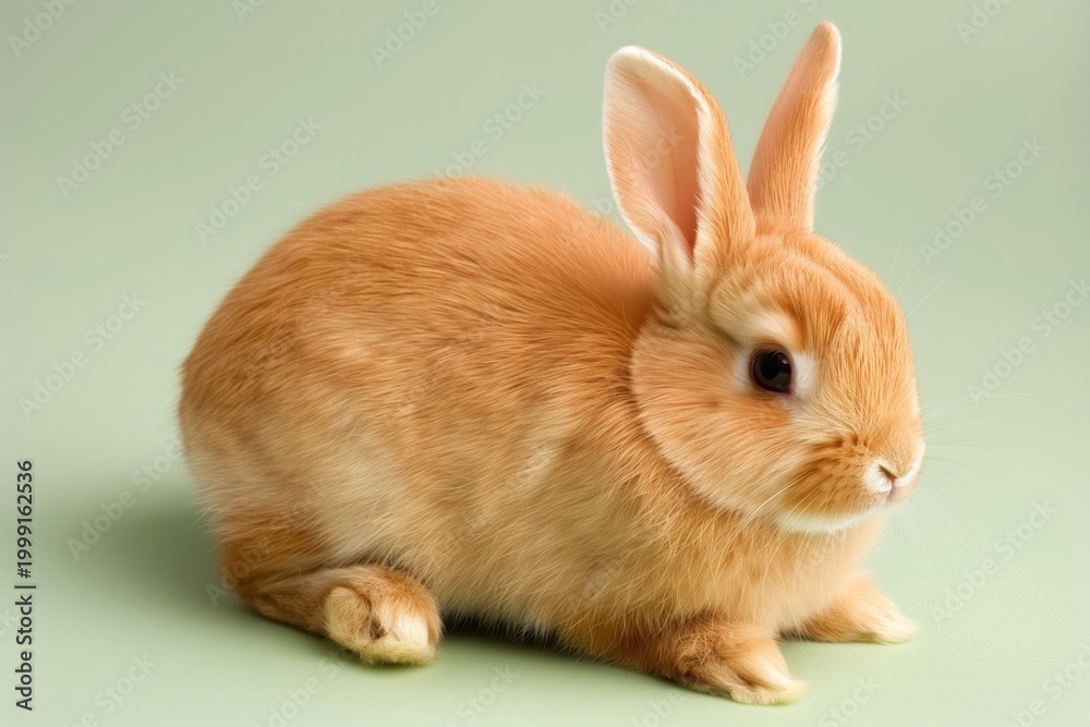 Fototapeta premium Small fluffy orange rabbit sitting on a soft pale green background, studio-lit, looking slightly to the right