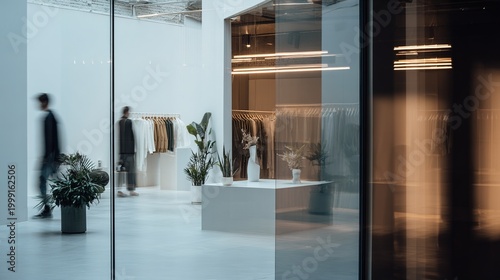 fixtures. Interior of a minimalist retail space with clean lines and ambient ceiling lighting. real-estate listings.