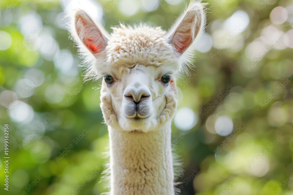 Fototapeta premium Close-up portrait of a white alpaca with fluffy fur, looking directly at camera, soft bokeh green background