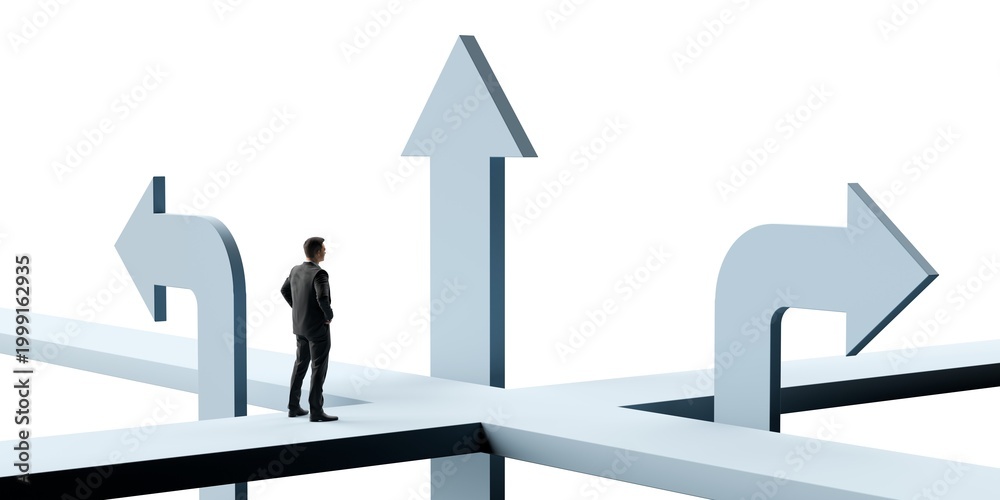 Obraz premium Business man facing paths on crossing with arrows into different directons over white bakground, decision, direction or challenge concept on white background