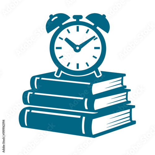 Minimalist flat vector design of a stack of hardcover books topped with a large alarm clock, symbolizing study hours and time management