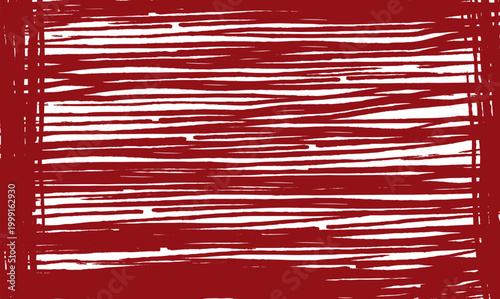 A square abstract art piece featuring horizontal white lines on a red background with a textured brushstroke effect