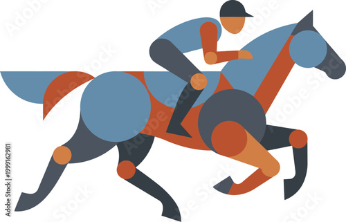 Jockey riding a galloping horse is depicted in this minimalist flat vector illustration style.
