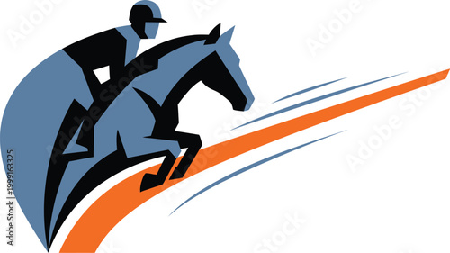Horse silhouette leaps forward along an orange trajectory arc representing high speed and athletic momentum.