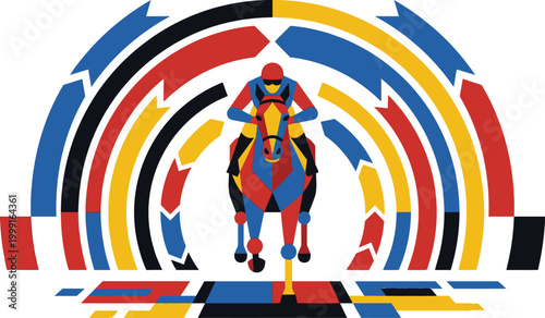 Jockey riding a horse is framed by a colorful concentric arch design representing a competitive racing finish line.