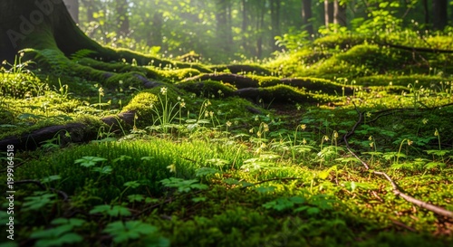 Sunlit Mossy Forest Floor with Greenery and Root System Scenery