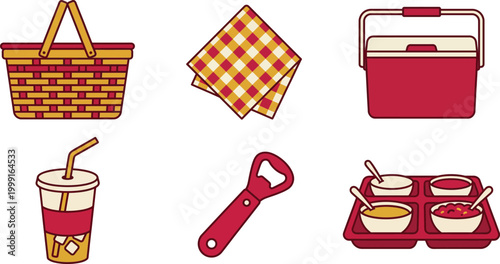 Six Summer BBQ Picnic Icons in Cherry Red Mustard Yellow and Ivory Flat Vector Pack Featuring Picnic Basket Checkered Napkin Cooler Box Drink Cup Bottle Opener and Condiment Tray