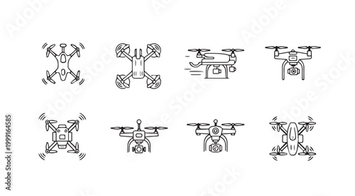 Set of drone icons with propellers and cameras in a clean line art style