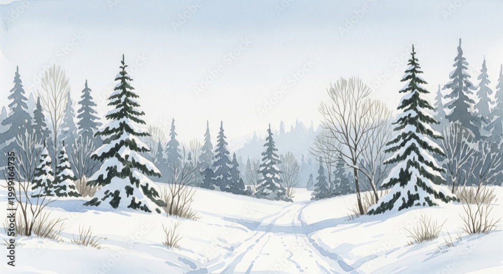 Fototapeta premium Winter Forest Scene with Snow Covered Trees in Blue White Hues