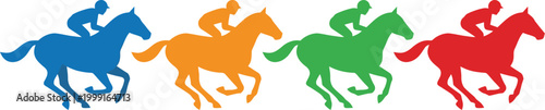 Racehorses with jockeys appear in a horizontal row featuring vibrant blue, orange, green, and red flat silhouettes.