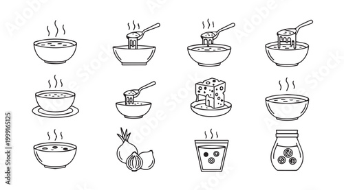 Soup and Ingredients Line Art Icons During Meal Preparation