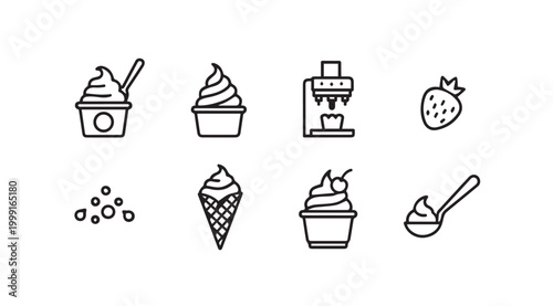Soft serve ice cream icons with toppings and machine for dessert concepts