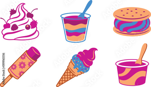 Six Dynamic Frozen Yogurt and Swirl Treat Icons in Magenta Electric Blue and Peach Orange Flat Vector Pack Featuring Frozen Yogurt Parfait Cookie Sandwich Push Up Pop Dipping Cone and Paper Cup