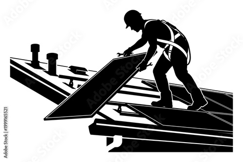 Man installing or repairing a large flat roof with safety harness and tools editable vector silhouette