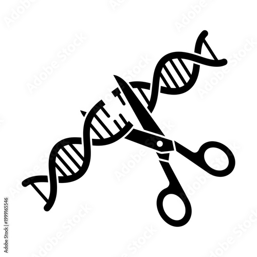 Scissors cutting through a double helix dna strand symbolizing genetic editing or biotechnology research editable vector silhouette