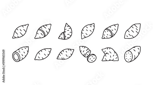 Sweet Potato Icons in Various Styles and Cuts on White Background