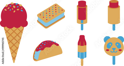 Six Nostalgic American Ice Cream Truck Favorites in Retro Cherry Red Sky Blue and Golden Tan Flat Vector Pack Featuring Drumstick Cone Ice Cream Sandwich Orange Push Up Choco Taco Bomb Pop and Animal 