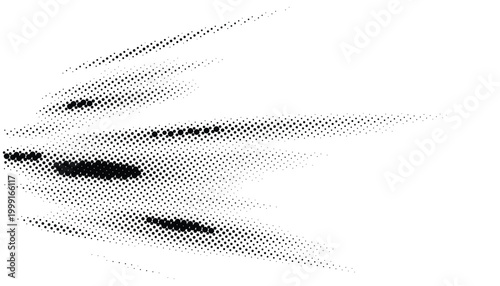 Abstract black and white halftone dot pattern with dynamic gradient lines.