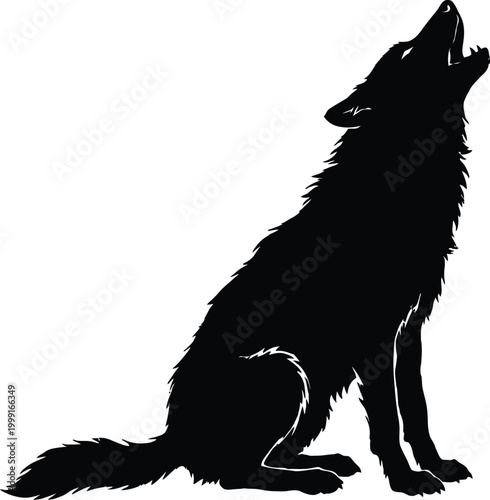 Black silhouette of a wolf sitting and looking forward in minimalist line art style editable vector silhouette