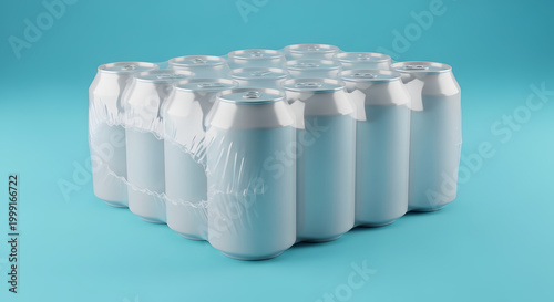 A neatly shrink-wrapped bundle of twelve plain aluminum beverage cans, uniformly stacked and presented against a bright blue background, emphasizing modern retail packaging