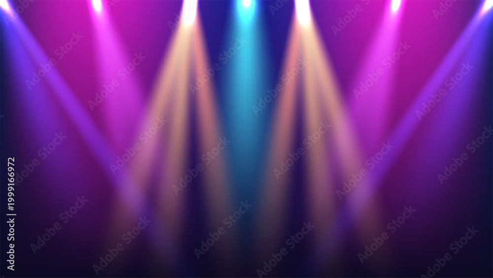 Obraz premium vibrant stage spotlights in purple blue and gold hues shining on dark background for concert and theater performance atmosphere