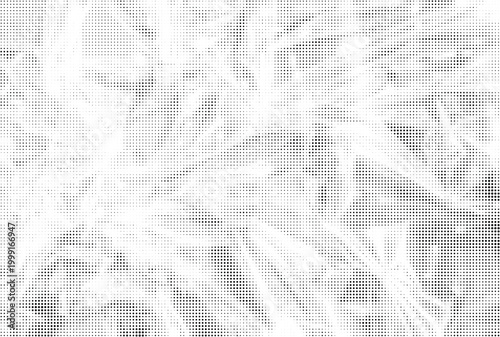 Halftone crumpled transparent plastic film texture background with abstract light reflections.