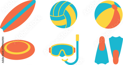 Six Beach Sports Equipment Icons in Cyan Blue Sunny Yellow and Sunset Orange Flat Vector Pack Featuring Surfboard Volleyball Beach Ball Frisbee Snorkel Mask and Swim Fins for Summer Outdoor Activity 