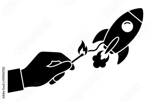 Hand holding a lit match next to a stylized rocket illustration symbolizing launch or ignition editable vector silhouette
