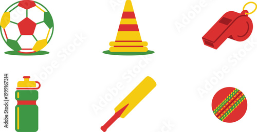 Six Field and Lawn Sports Icons in Grass Green Bright Yellow and Scarlet Red Flat Vector Pack Featuring Soccer Ball Training Cones Referee Whistle Water Bottle Cricket Bat and Cricket Ball for Outdoor