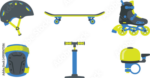 Six Outdoor Rolling Sports Accessory Icons in Neon Yellow Charcoal Gray and Electric Blue Flat Vector Pack Featuring Bicycle Helmet Skateboard Inline Skates Knee Pad Air Pump and Bike Bell for Urban 