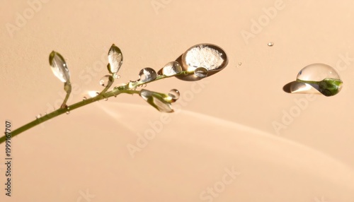 Water Droplets on Green Stem Closeup.