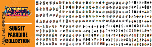 Sunset Paradise collection of tropical summer icons, vibrant beach vacation vector elements, colorful travel and holiday symbols for web design