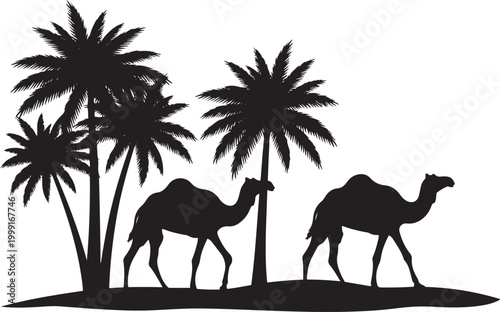 Camel Desert Silhouette with Palm Trees Arabian Landscape Illustration