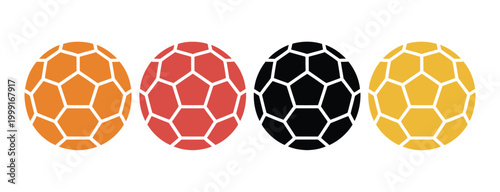 Handball sport vector set, dynamic player action illustrations with game equipment and ball icons for team sports, competition, training, and athletic design concepts