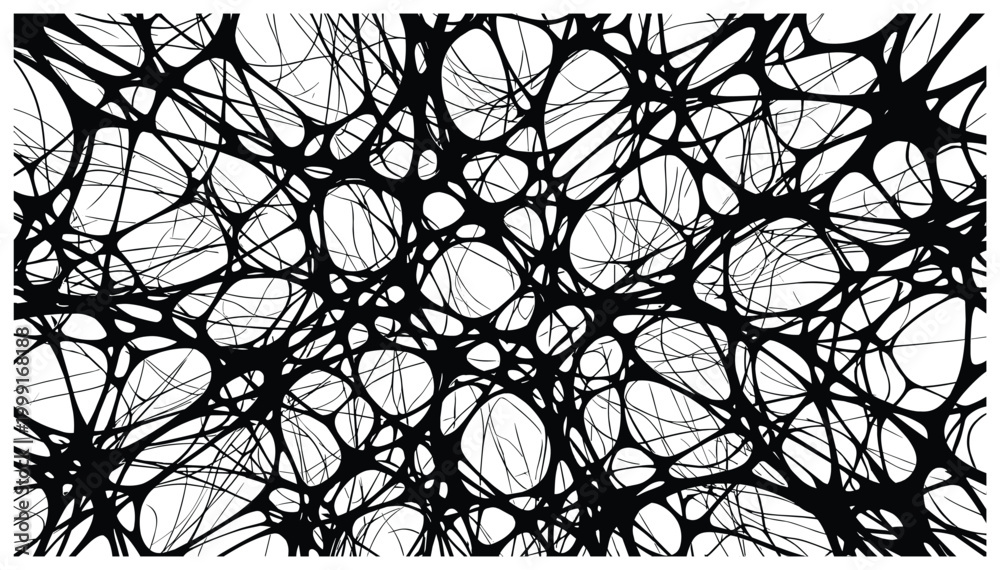 Obraz premium Abstract graphic of interconnected black tendrils and lines on a clean white background.