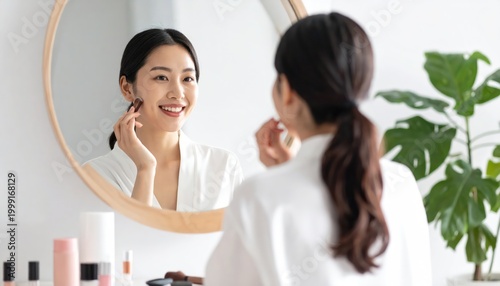 Woman Applying Skincare Products in Front of Mirror.