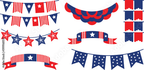 Six Geometric Minimalist Patriotic Bunting Pattern Elements in Navy Blue Red and White Flat Vector Pack Featuring Large Pennant Garlands Rectangular Flag Strings W-Shaped Swags Triangular Flag Strings