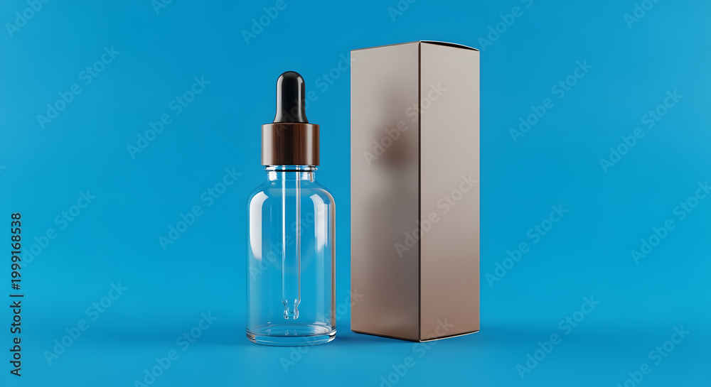 Obraz premium Clear glass dropper bottle with cardboard box, ideal for serum, essential oils, or cosmetic packaging on a blue background