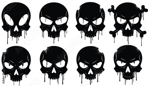 Graffiti stencil skull icons set with dripping paint effects and splattered ink silhouettes for urban streetwear and edgy underground graphic design