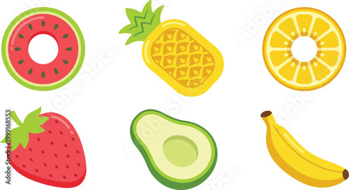 Six Classic Pool Float Shapes in Turquoise Bright Pink and Sunny Yellow Flat Vector Pack Featuring Ring Float Air Mattress Heart Float U-Shaped Lounge Circular Island and Triangular Slice Float 