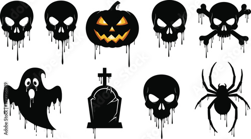 Halloween dripping silhouettes set with melting skulls pumpkins ghosts spiders and tombstones for spooky festive decor urban streetwear and edgy graphic design elements