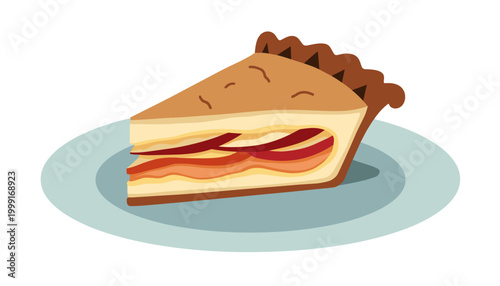 Slice of apple pie with crust on a teal plate  