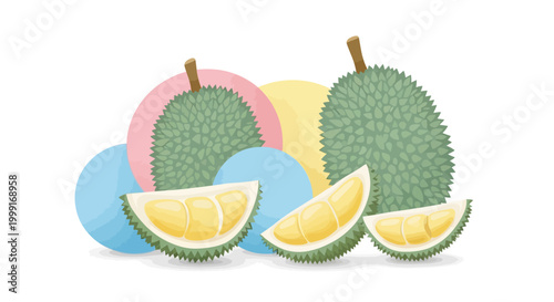 Whimsical vector art showcases a whole durian fruit and several slices, presented as a cheerful icon-style illustration with pastel-colored geometric shapes in the background