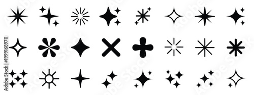 Sparkle icon set with shining star symbols and twinkle shapes, minimal solid style decorative glow and highlight vector illustration