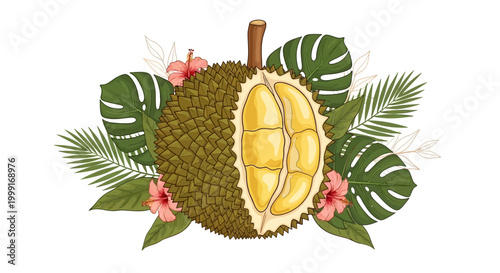 Detailed vector illustration of a halved durian fruit, the King of Fruits, surrounded by tropical leaves and hibiscus flowers, set against a clean white background with a bright and vibrant