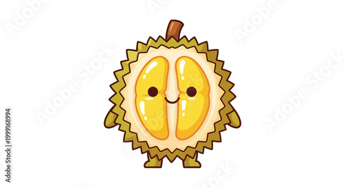 A smiling durian fruit character, presented as a cute vector illustration, stands against a clean white background with cartoonish styling and a bright, cheerful mood, symbolizing the King