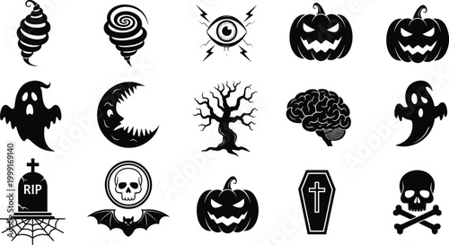 Halloween spooky icons set with black silhouettes of pumpkins ghosts skulls bats dead tree coffin and gothic horror elements for stickers and festive graphic design