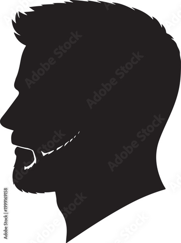 Male Profile Silhouette with Modern Haircut and Groomed Beard Isolated on White