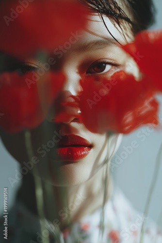 Poppy's Embrace: An intimate portrait of a person framed by the vibrant red petals of a poppy, their gaze intense and captivating, capturing a moment of raw emotion and natural beauty.
