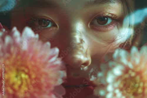Floral Gaze: A captivating portrait of a person emerges from a delicate embrace of pastel flowers, creating an atmosphere of mystery and beauty.